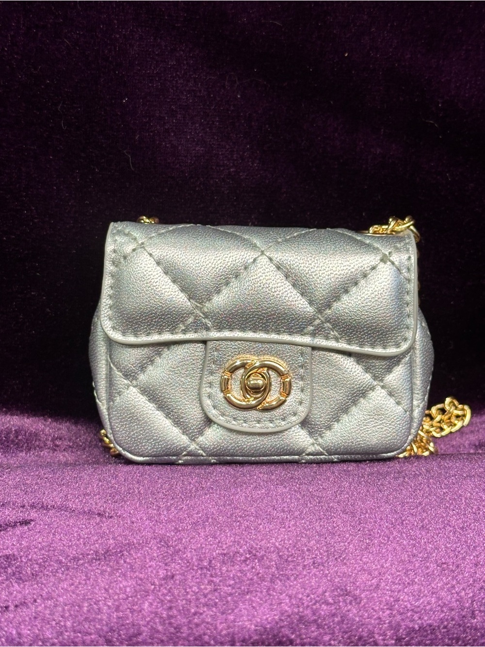 SUMMER FLASH — silver quilted mini flap bag charm, gold long crossbody chain